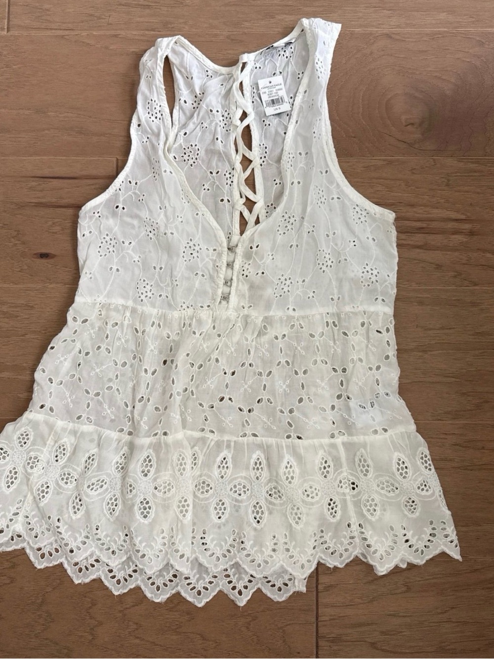 NWT American Eagle white eyelet top lace up back size S